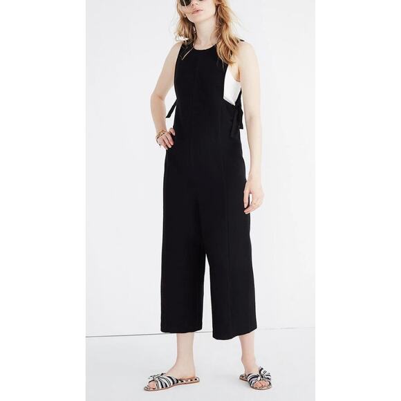 Madewell Side-Bow Textured Jumpsuit Black 100% Cotton Women’s XL Minimalist - Picture 1 of 14
